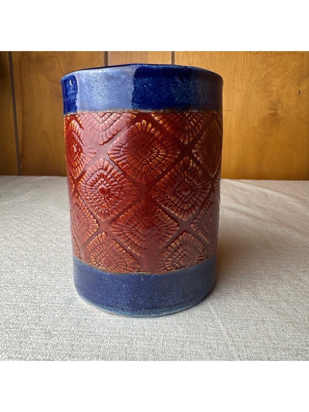 Studio Pottery Mug Red Blue Glaze Textured Geometric Design 4.75 Inch - Picture 6 of 9